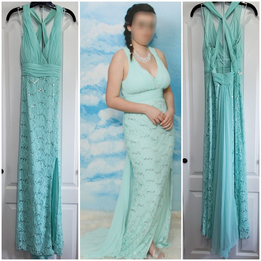 Aqua Blue Flowy Formal Prom Gown